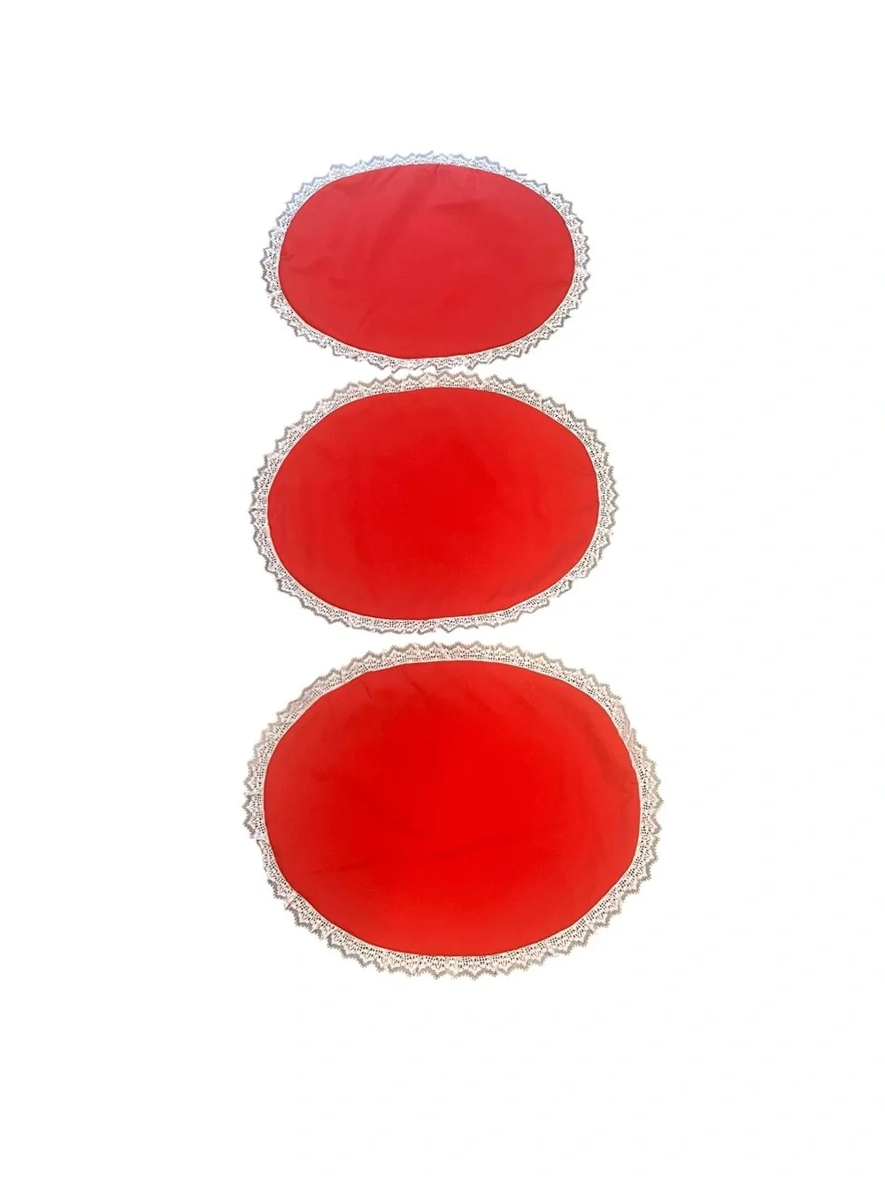 Red White Checkered Gingham Hearts Fabric Oval Placemats Lace Trim - Set of 6
